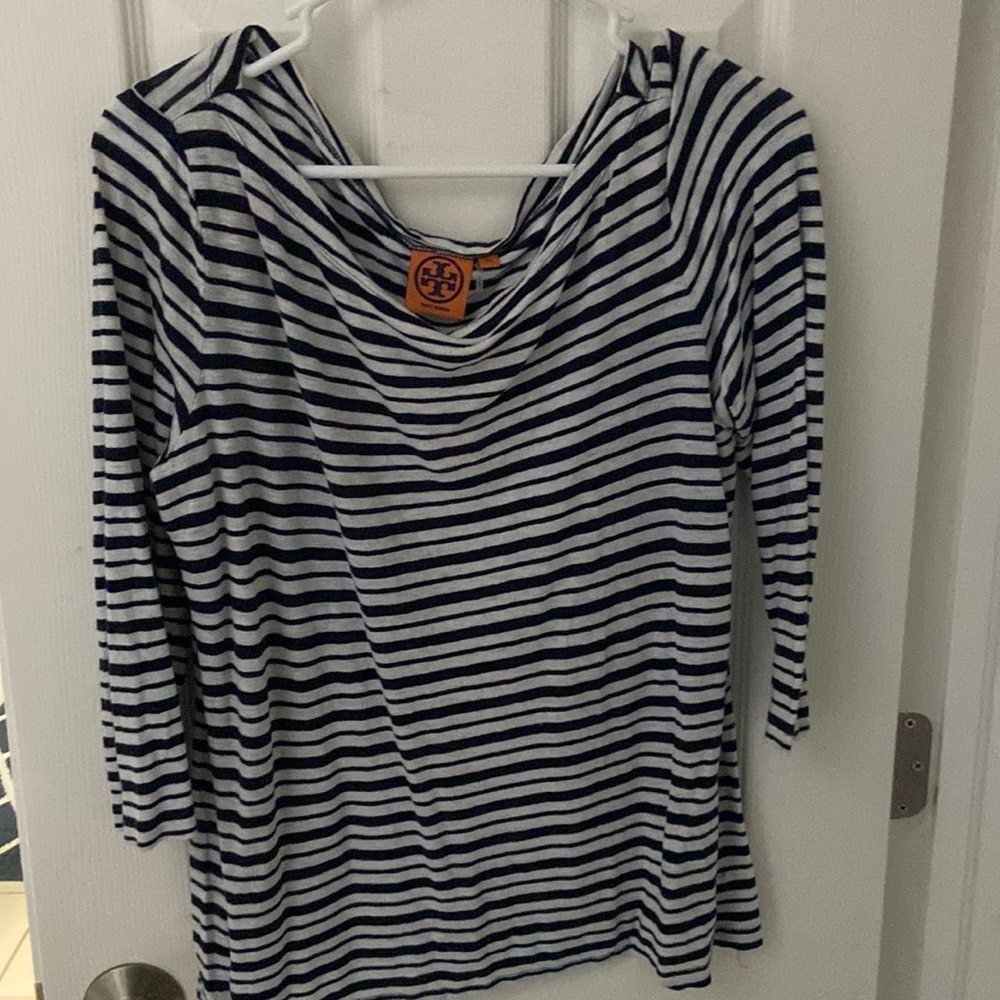 Navy/white striped Tory Burch 3/4 shirt. Size XL